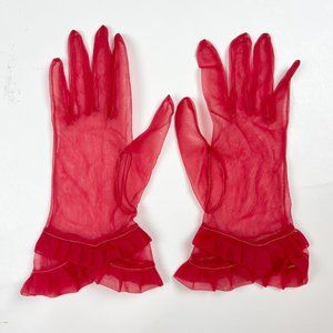 VINTAGE 1940s Red Sheer Ladies Gloves Ruffle